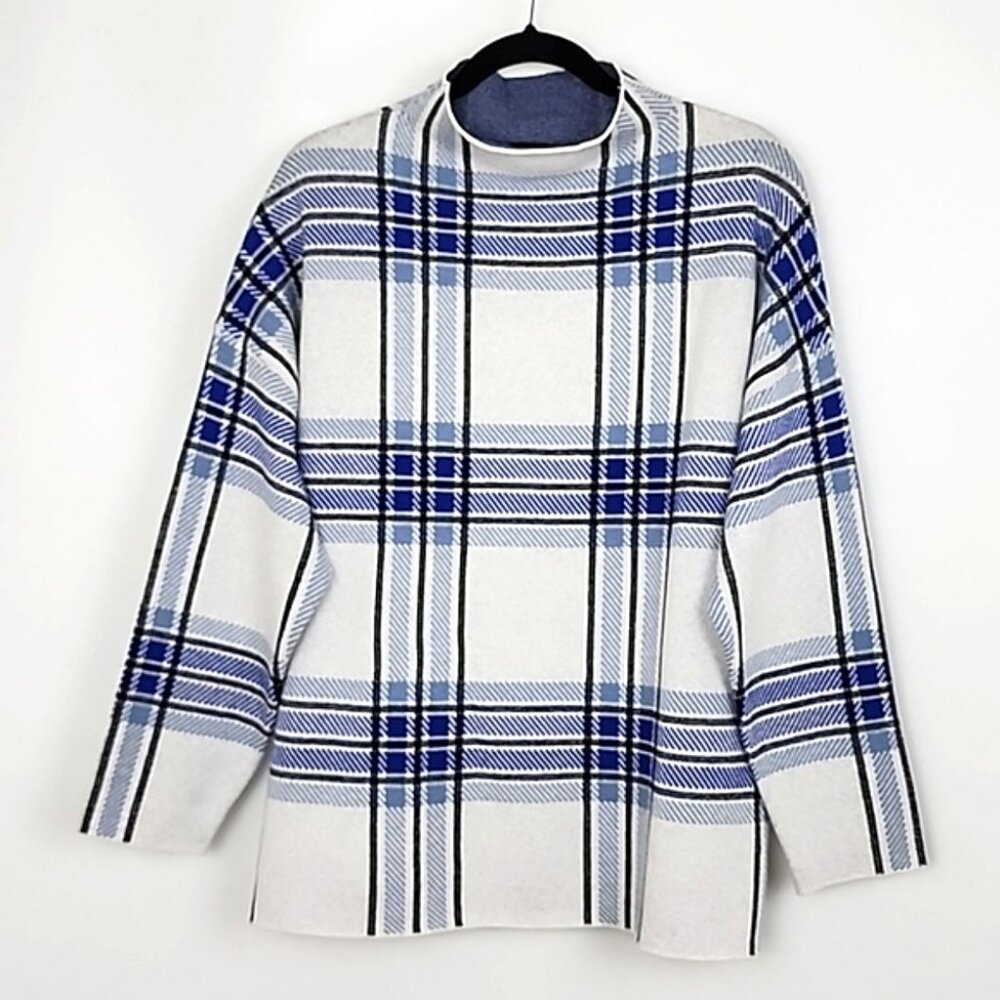 NWT TAHARI Women's Knit Blue White Large Plaid Pullover Sweater Mock Neck 1X